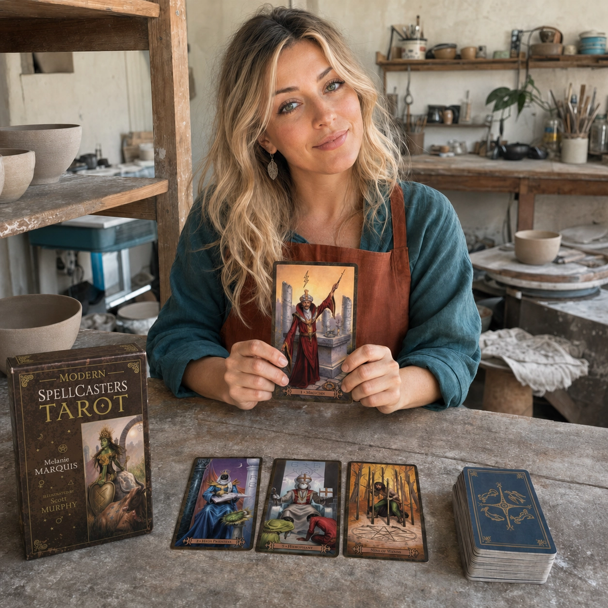 Aurica presenting The Magician from Modern Spellcasters Tarot beside its box, a three-card spread, and the stacked deck