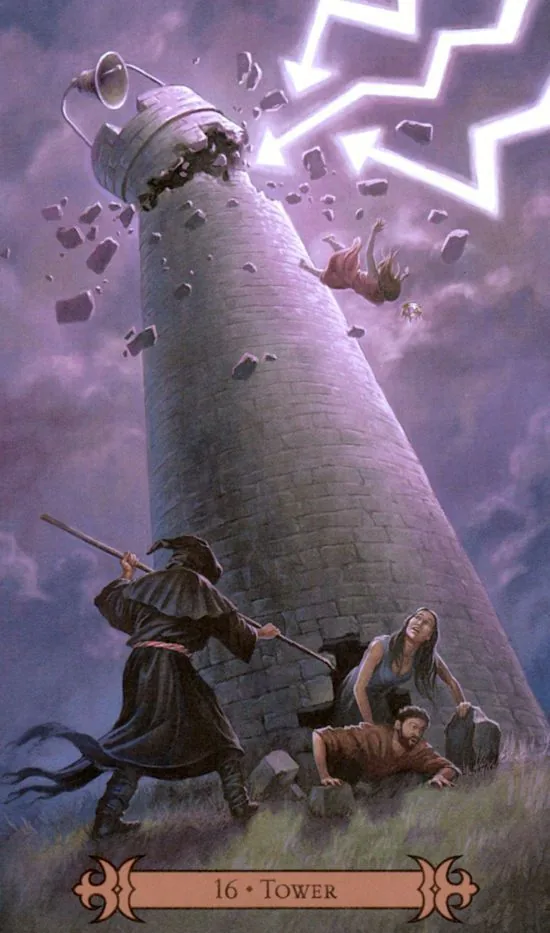 Modern Spellcaster’s Tarot Review 6 The Tower card from the Modern SpellCasters Tarot deck in a review card study