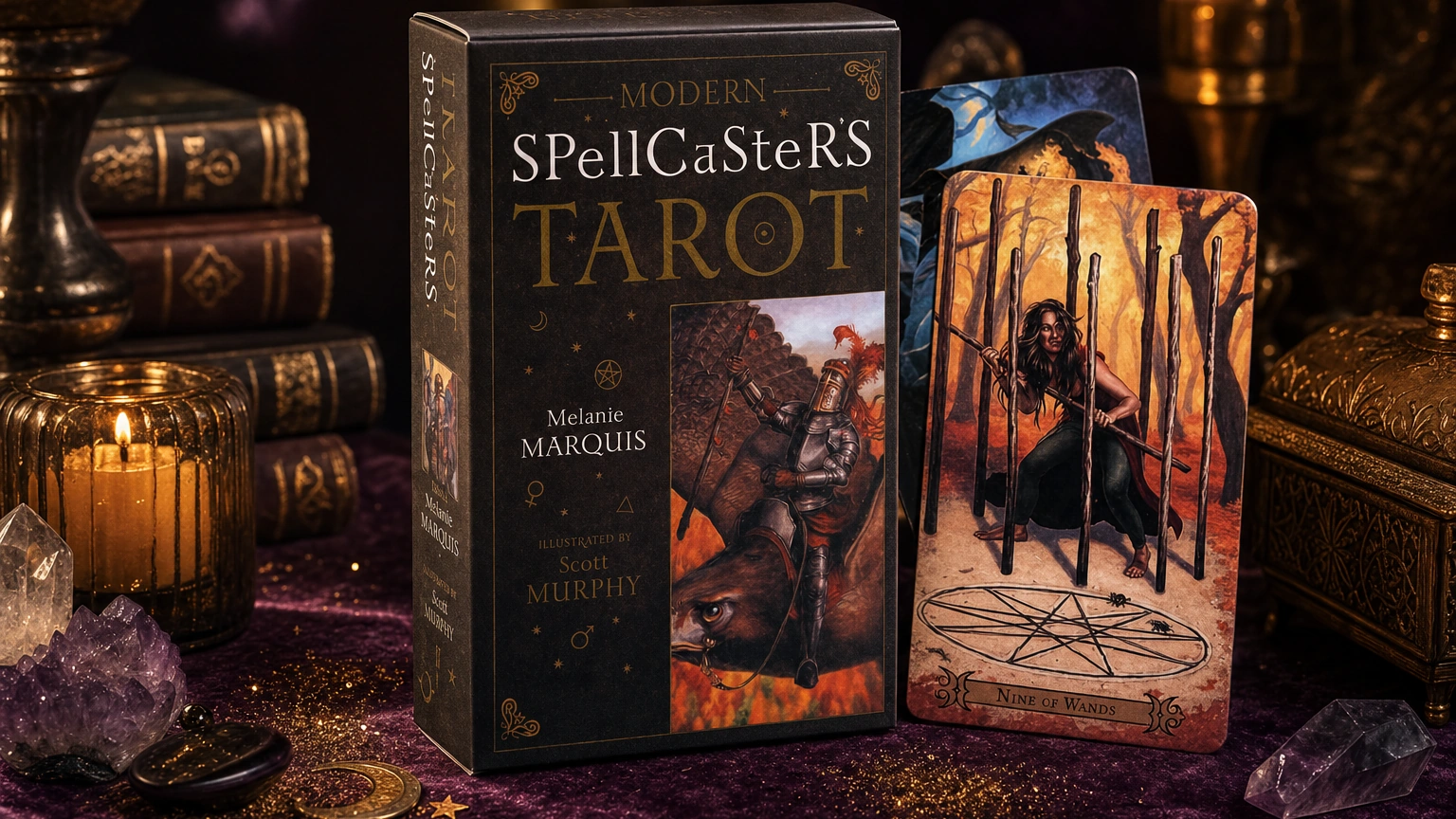 Modern SpellCasters Tarot product box lifestyle image Modern SpellCasters Tarot product box and Nine of Wands card on a plum and gold tarot table