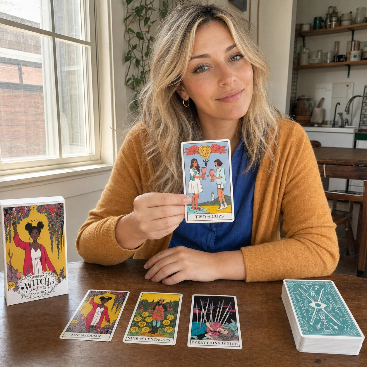 Aurica presenting the Two of Cups from Modern Witch Tarot beside the deck box, a three-card spread, and stacked deck