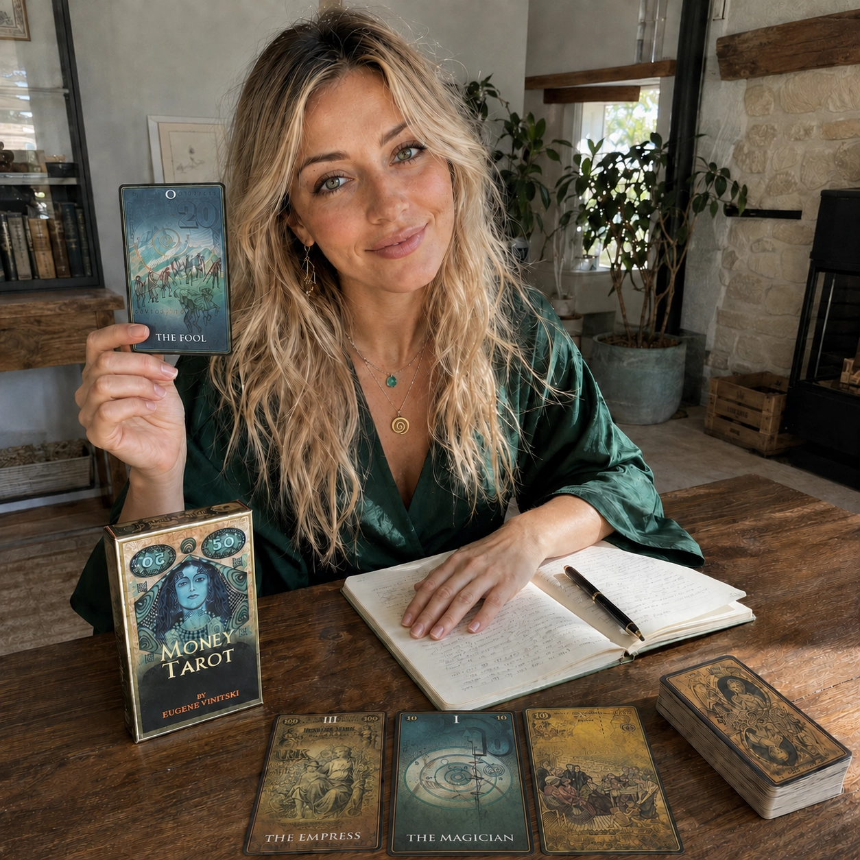 Aurica journaling with Money Tarot by Eugene Vinitski while holding The Fool card