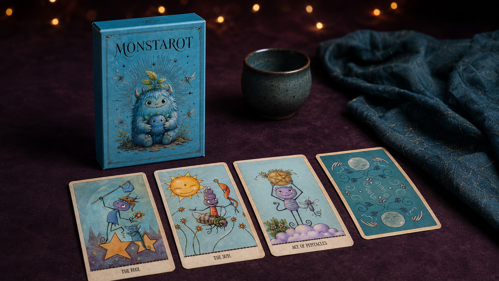 Monstarot Tarot reading table with the turquoise deck box, three cards, and the moon card back