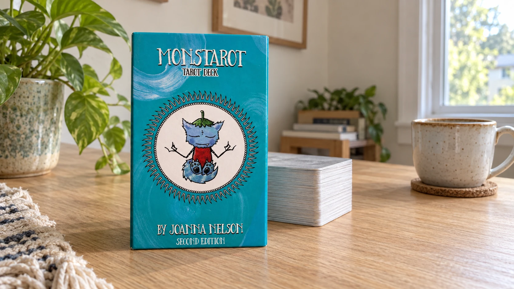 AI-generated editorial scene of the turquoise Monstarot Tarot Second Edition box by Joanna Nelson on a wooden reading table