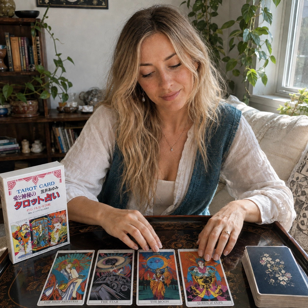 Aurica from TarotFans arranging The Moon Princess Himoko Tarot by Ayumi Kasai Aurica from TarotFans arranging The Moon Princess Himoko Tarot by Ayumi Kasai beside the Japanese deck box, a four-card face-up spread, and a separate stacked deck