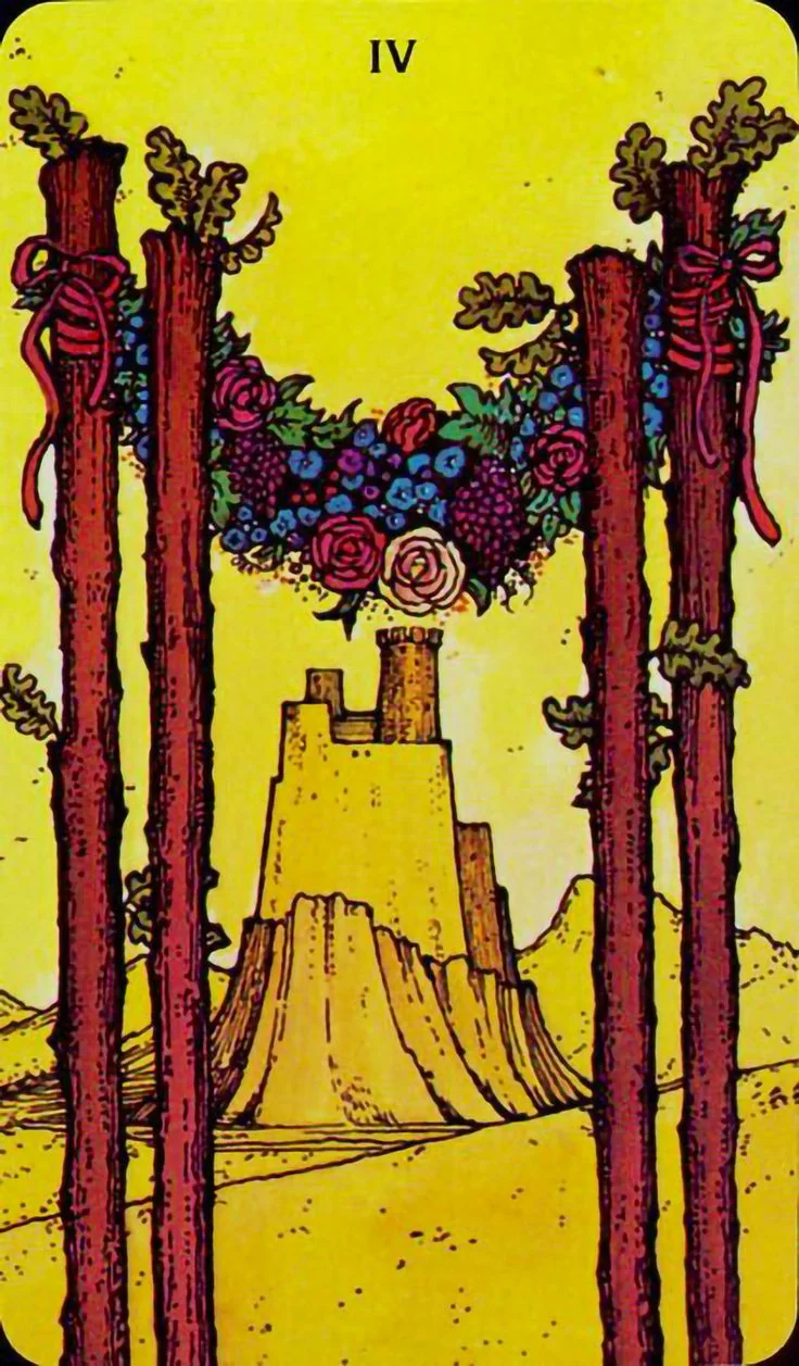Four of Wands card from the Morgan-Greer Tarot deck