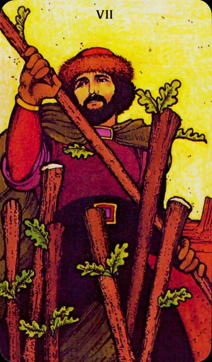 Seven of Wands - Morgan-Greer Tarot card Seven of Wands card from the Morgan-Greer Tarot deck