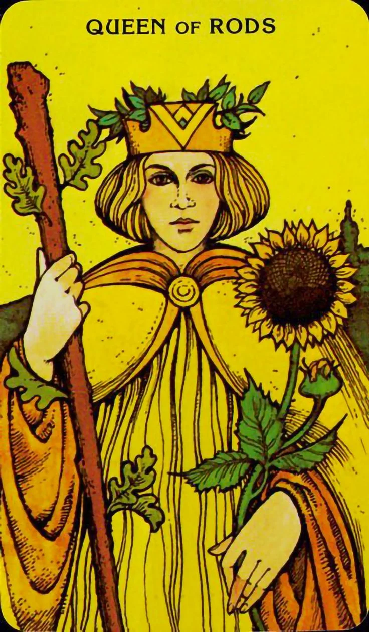 Queen of Wands card from the Morgan-Greer Tarot deck