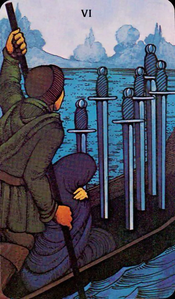 Six of Swords - Morgan-Greer Tarot card Six of Swords card from the Morgan-Greer Tarot deck