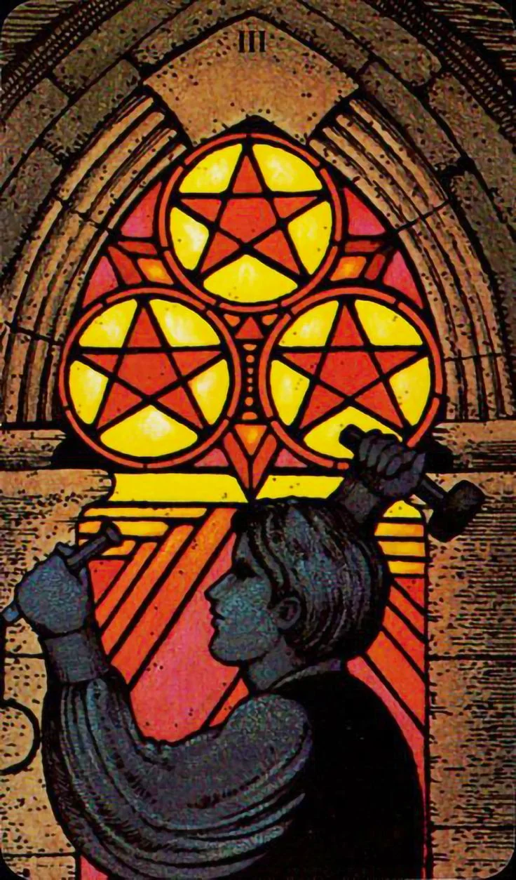Three of Pentacles card from the Morgan-Greer Tarot deck
