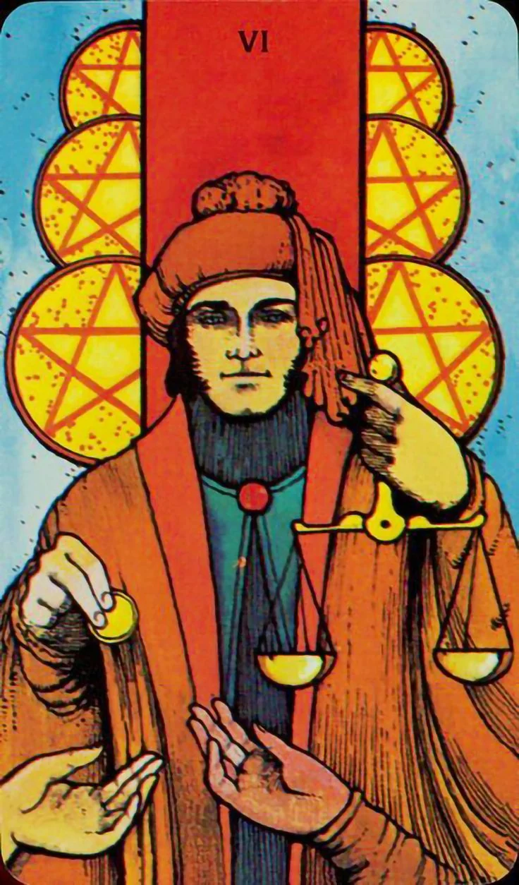 Six of Pentacles card from the Morgan-Greer Tarot deck