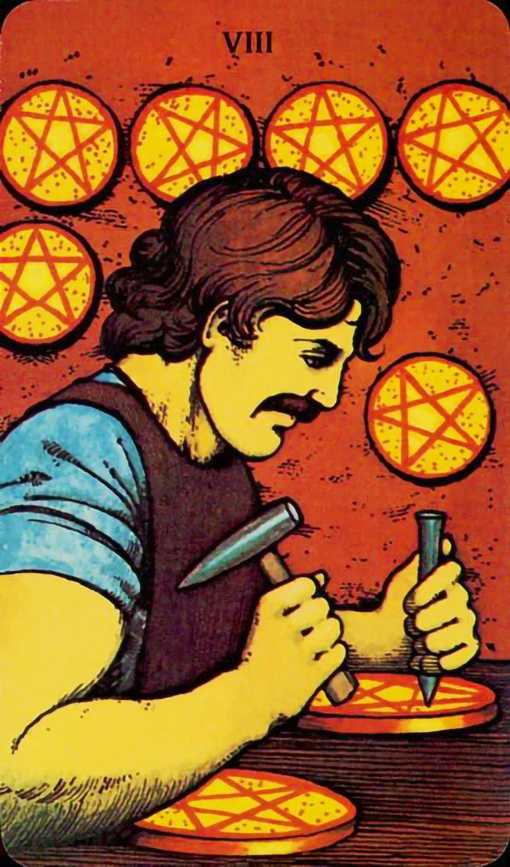 Eight of Pentacles - Morgan-Greer Tarot card Eight of Pentacles card from the Morgan-Greer Tarot deck