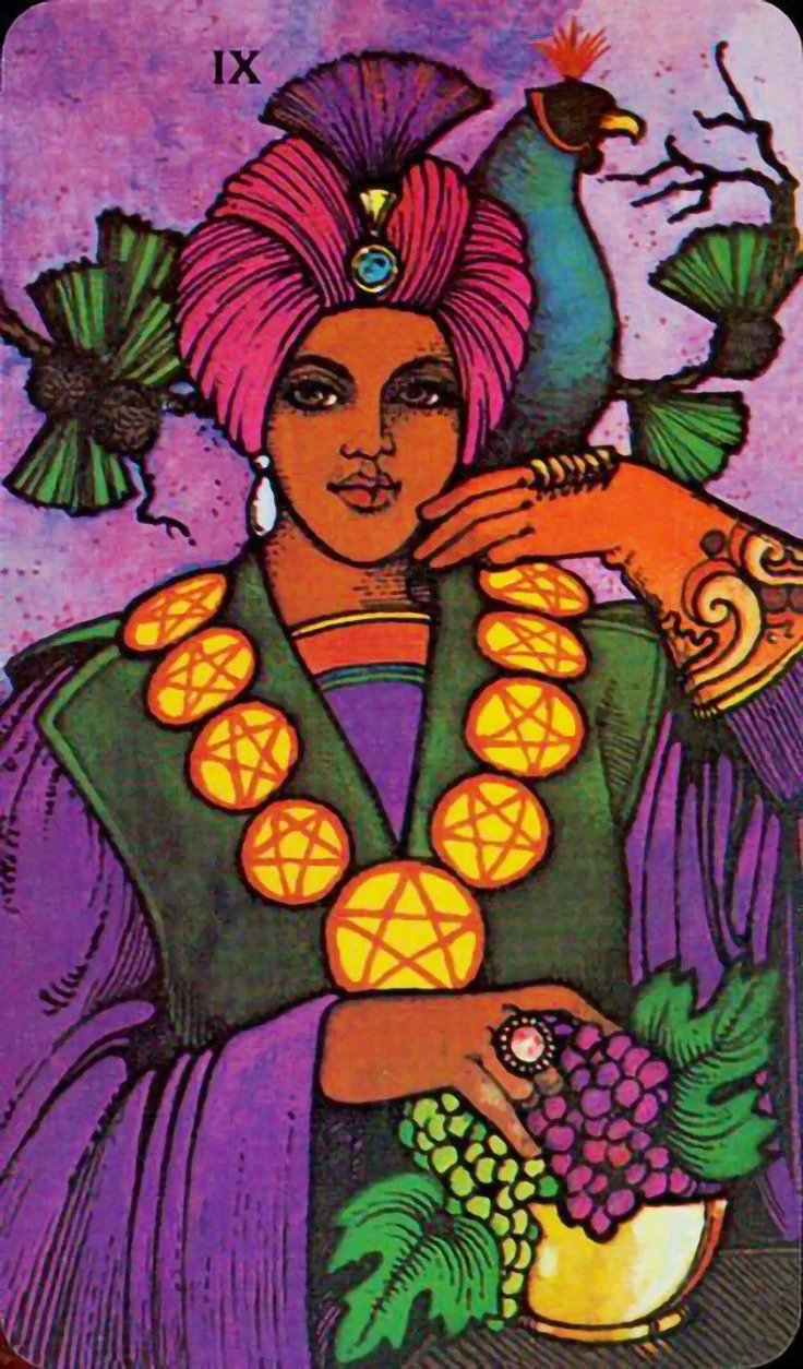 Nine of Pentacles card from the Morgan-Greer Tarot deck