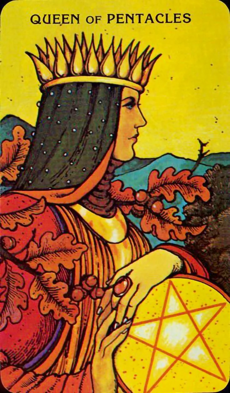 Queen of Pentacles card from the Morgan-Greer Tarot deck