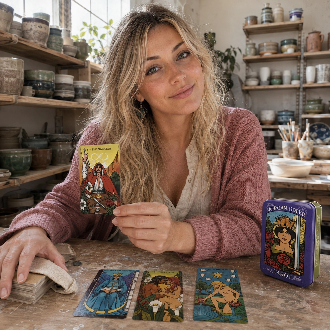 Aurica holding the Magician while reading Morgan Greer Tarot beside its tin, a three-card spread, and the stacked deck