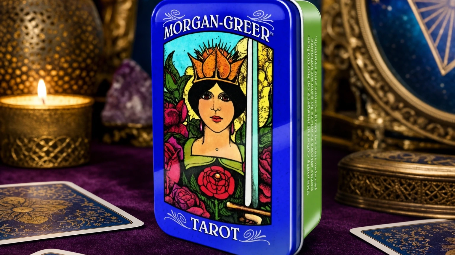 Generated Morgan Greer Tarot Deck by Bill F. Greer with Lloyd Morgan in a candlelit reading scene
