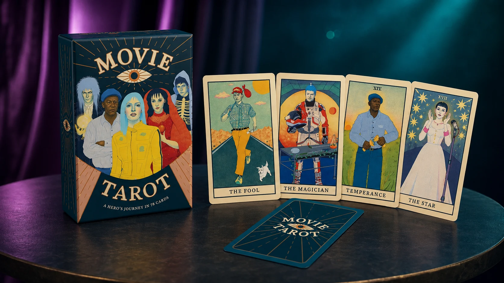 Editorial product artwork for Movie Tarot by Diana McMahon Collis with cards illustrated by Natalie Foss