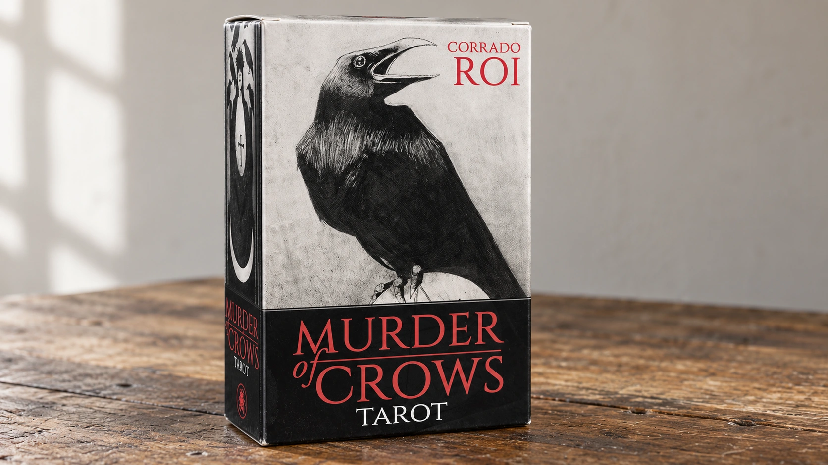 Generated daylight scene showing only the Murder of Crows Tarot box on a wooden table