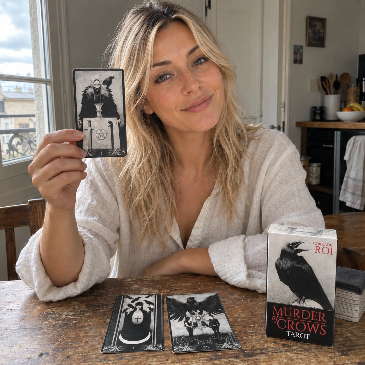 Generated daylight portrait of Aurica holding The Magician with the Murder of Crows Tarot box, two face-up cards and a separate covered deck stack