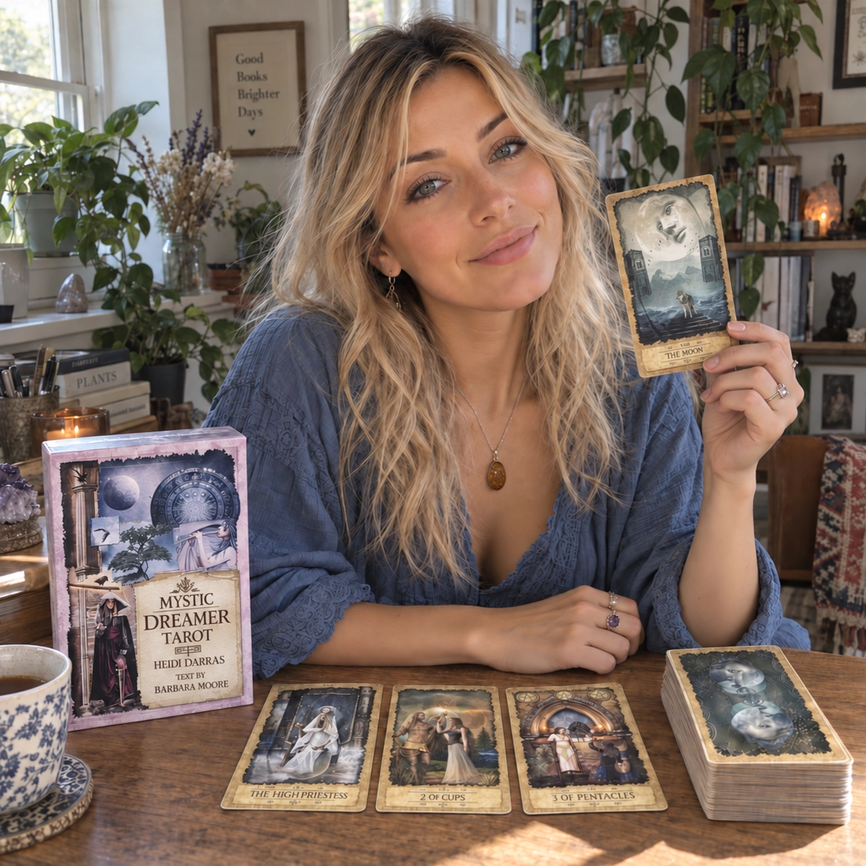 Aurica presenting The Moon from Mystic Dreamer Tarot by Heidi Darras, beside the boxed kit, three face-up cards and the separate stacked deck; AI-generated editorial image.