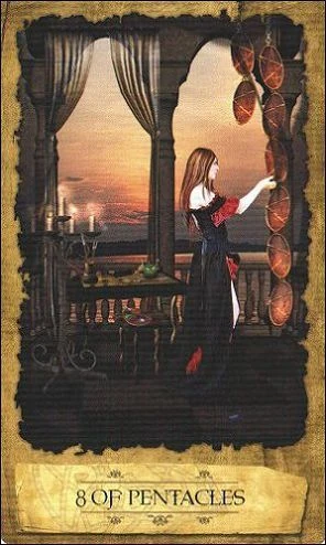Eight of Pentacles from the Mystic Dreamer Tarot by Heidi Darras and Barbara Moore