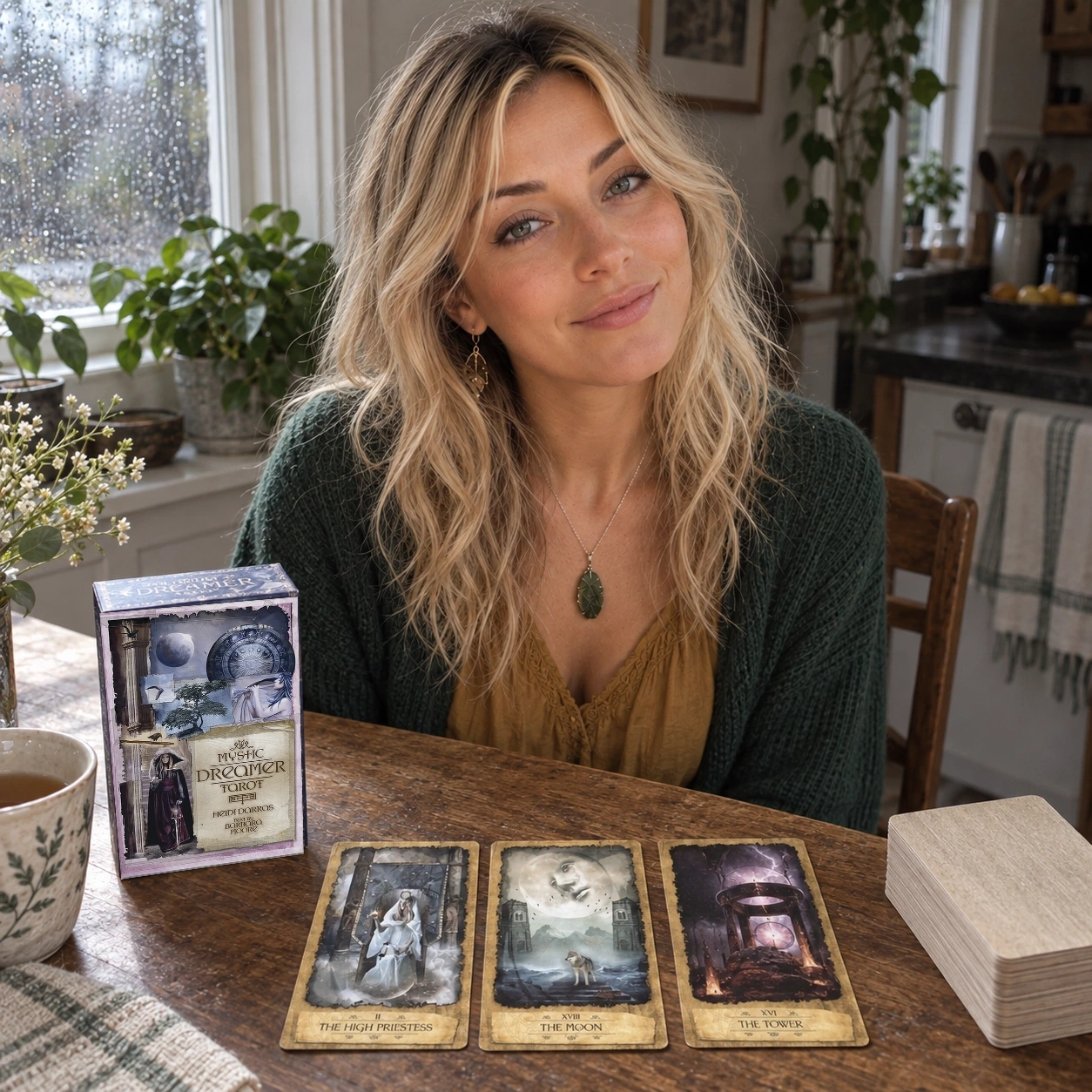 Aurica at a rain-lit kitchen table with Mystic Dreamer Tarot cards, the boxed kit, and a separate stacked deck