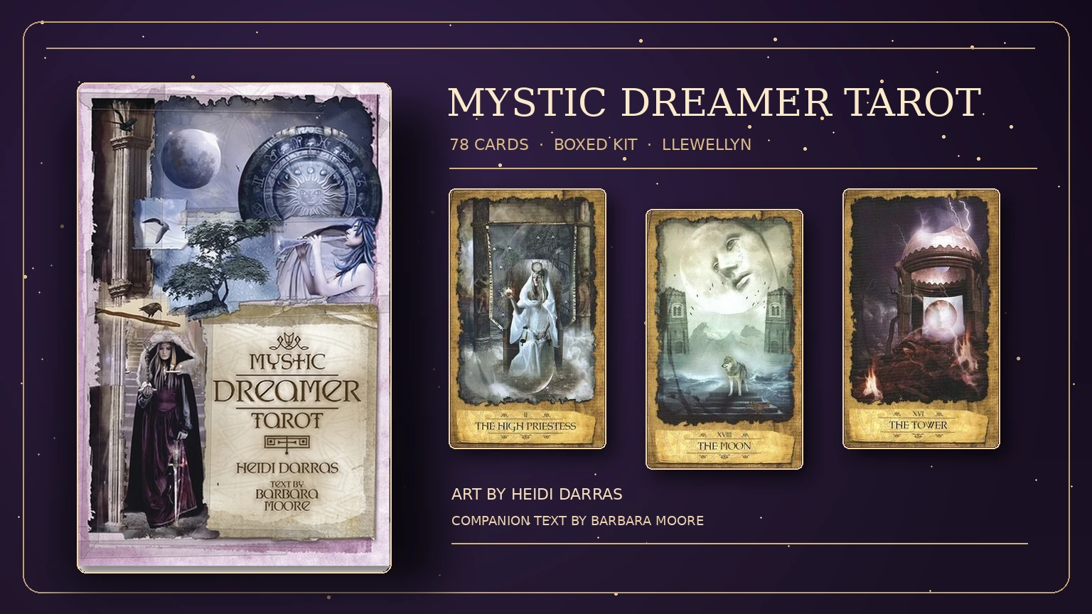 Mystic Dreamer Tarot boxed kit cover with The High Priestess, The Moon and The Tower cards; art by Heidi Darras, companion text by Barbara Moore