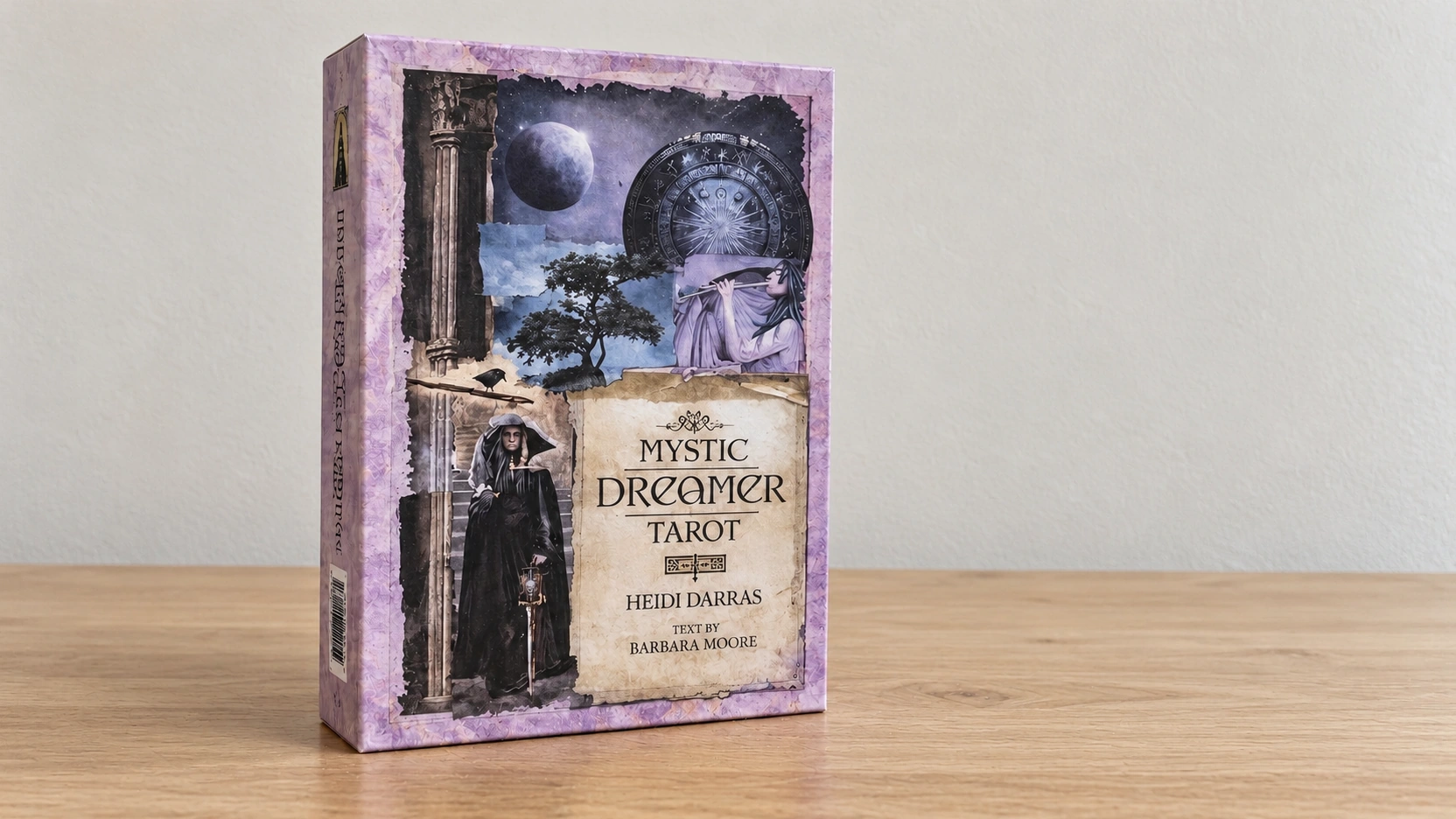 AI-generated editorial photograph of the exact Mystic Dreamer Tarot box by Heidi Darras, text by Barbara Moore, alone on a simple bare table against a plain wall