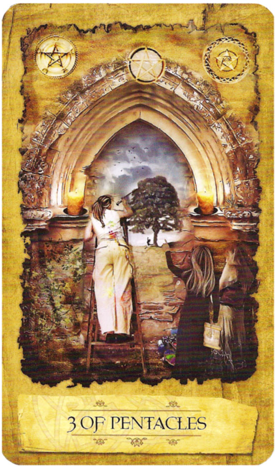 Three of Pentacles - Mystic Dreamer Tarot - Tarot Deck by Heidi Darras, companion text by Barbara Moore