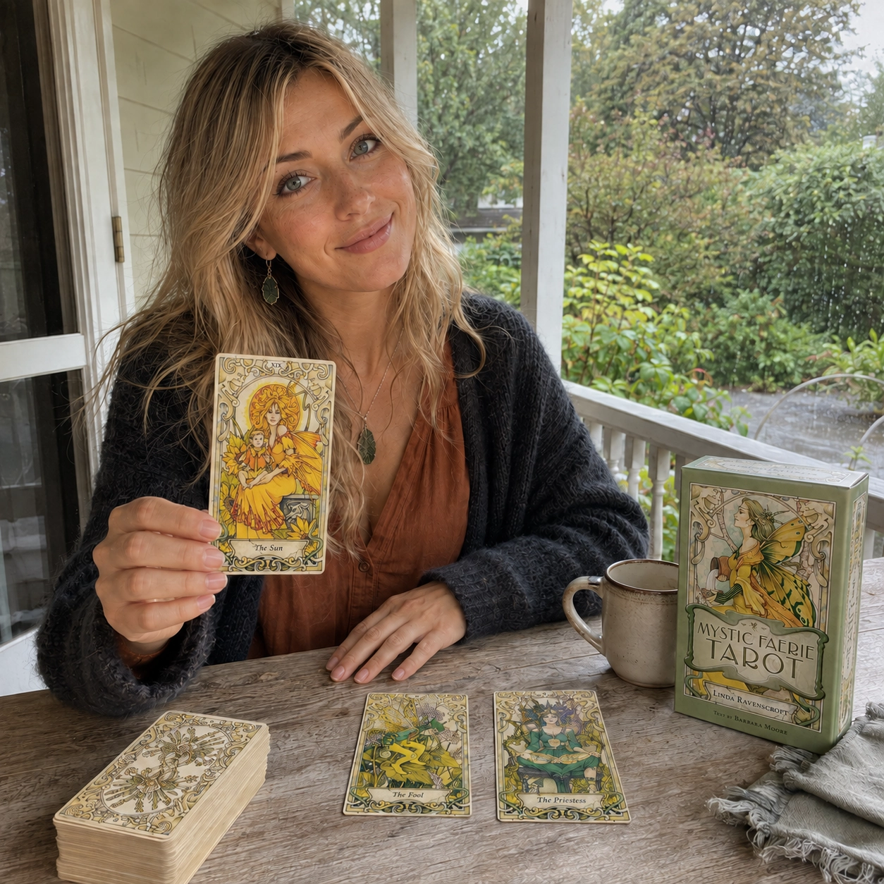 Aurica presenting The Sun from Mystic Faerie Tarot beside the deck box, a two-card spread, and stacked deck