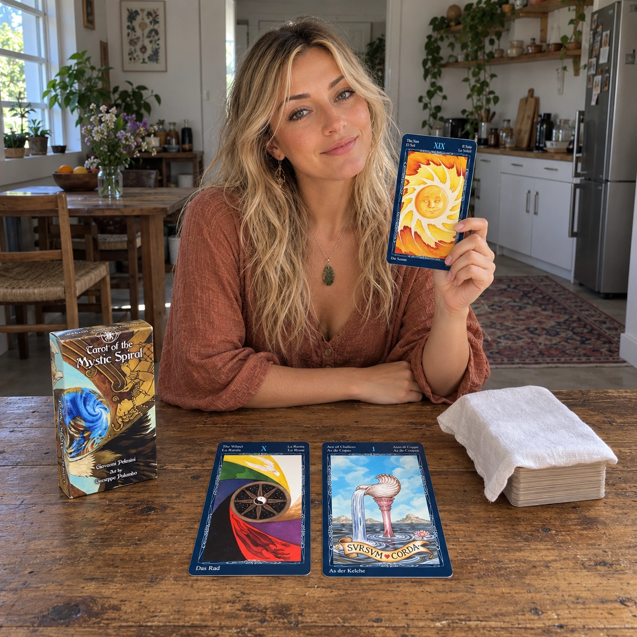 Generated lifestyle scene of Aurica reading Tarot of the Mystic Spiral beside its box, three verified face-up cards and a separate cloth-covered deck stack