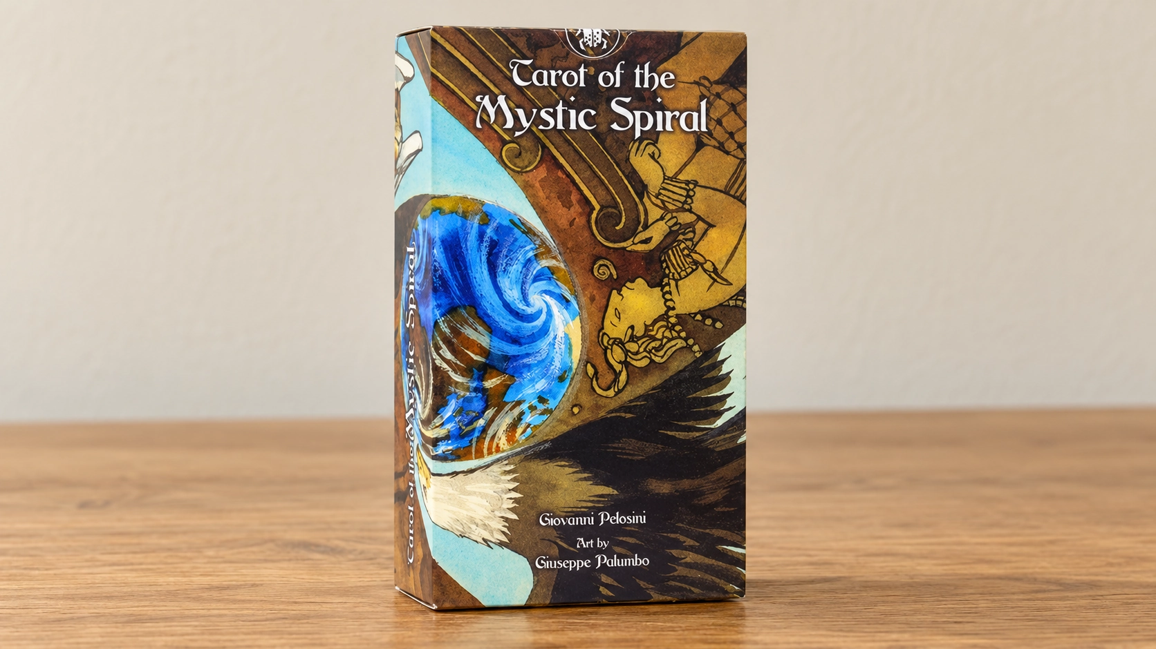 Generated scene of the exact Tarot of the Mystic Spiral closed deck box on a simple oak table