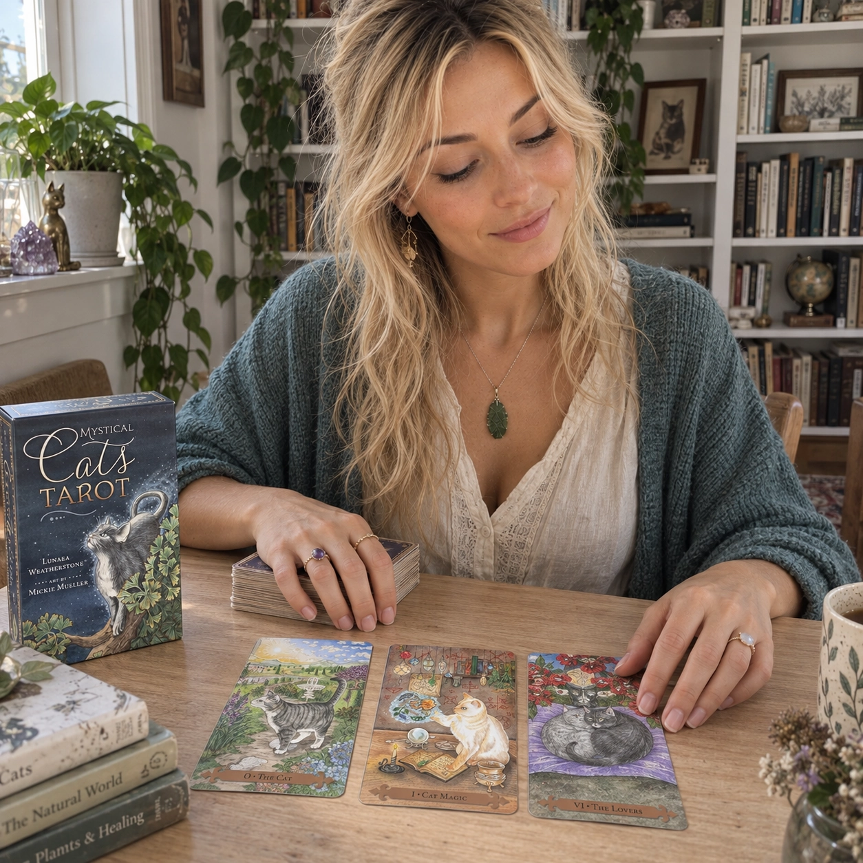 Aurica arranging The Cat, Cat Magic and The Lovers from Mystical Cats Tarot beside the exact box and a separate stacked deck