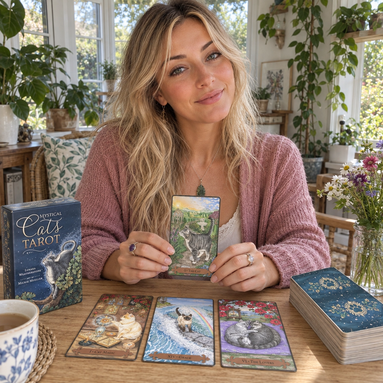 Aurica reviewing Mystical Cats Tarot while presenting The Cat beside a three-card spread