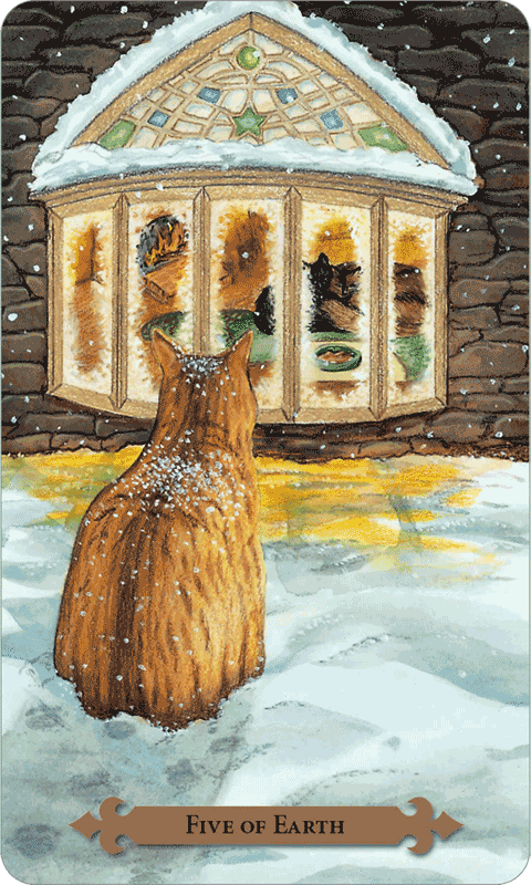 Five of Earth — Mystical Cats Tarot by Lunaea Weatherstone, art by Mickie Mueller