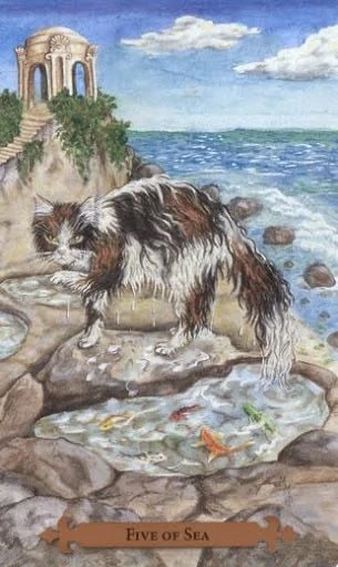 Five of Sea — Mystical Cats Tarot by Lunaea Weatherstone, art by Mickie Mueller