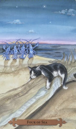 Four of Sea — Mystical Cats Tarot by Lunaea Weatherstone, art by Mickie Mueller