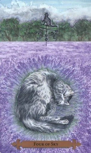 Four of Sky — Mystical Cats Tarot by Lunaea Weatherstone, art by Mickie Mueller