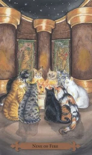 Nine of Fire — Mystical Cats Tarot by Lunaea Weatherstone, art by Mickie Mueller