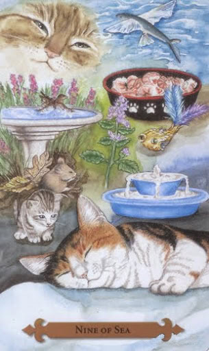 Nine of Sea — Mystical Cats Tarot by Lunaea Weatherstone, art by Mickie Mueller