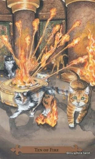 Ten of Fire — Mystical Cats Tarot by Lunaea Weatherstone, art by Mickie Mueller