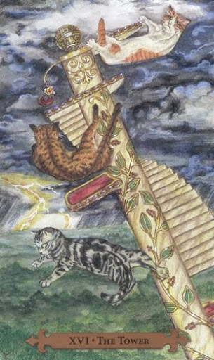 The Tower — Mystical Cats Tarot by Lunaea Weatherstone, art by Mickie Mueller