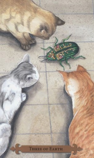 Three of Earth — Mystical Cats Tarot by Lunaea Weatherstone, art by Mickie Mueller