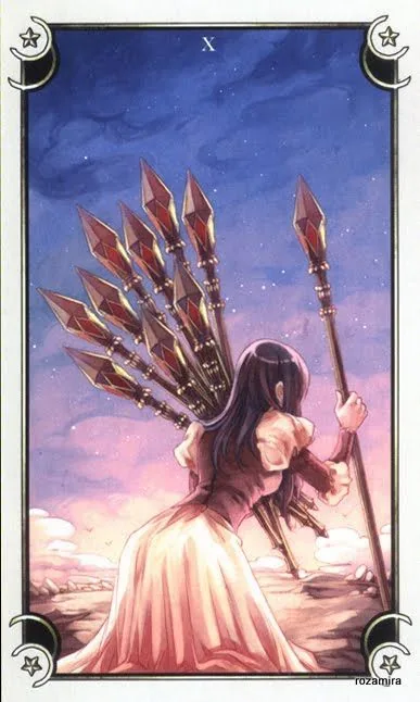 Ten of Wands card from the Mystical Manga Tarot deck