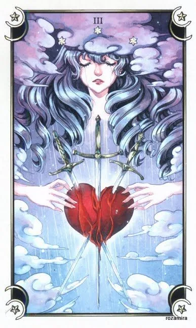Three of Swords card from the Mystical Manga Tarot deck
