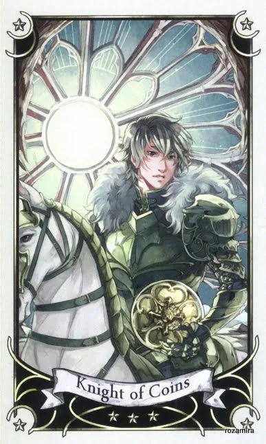 Knight of Coins card from the Mystical Manga Tarot deck