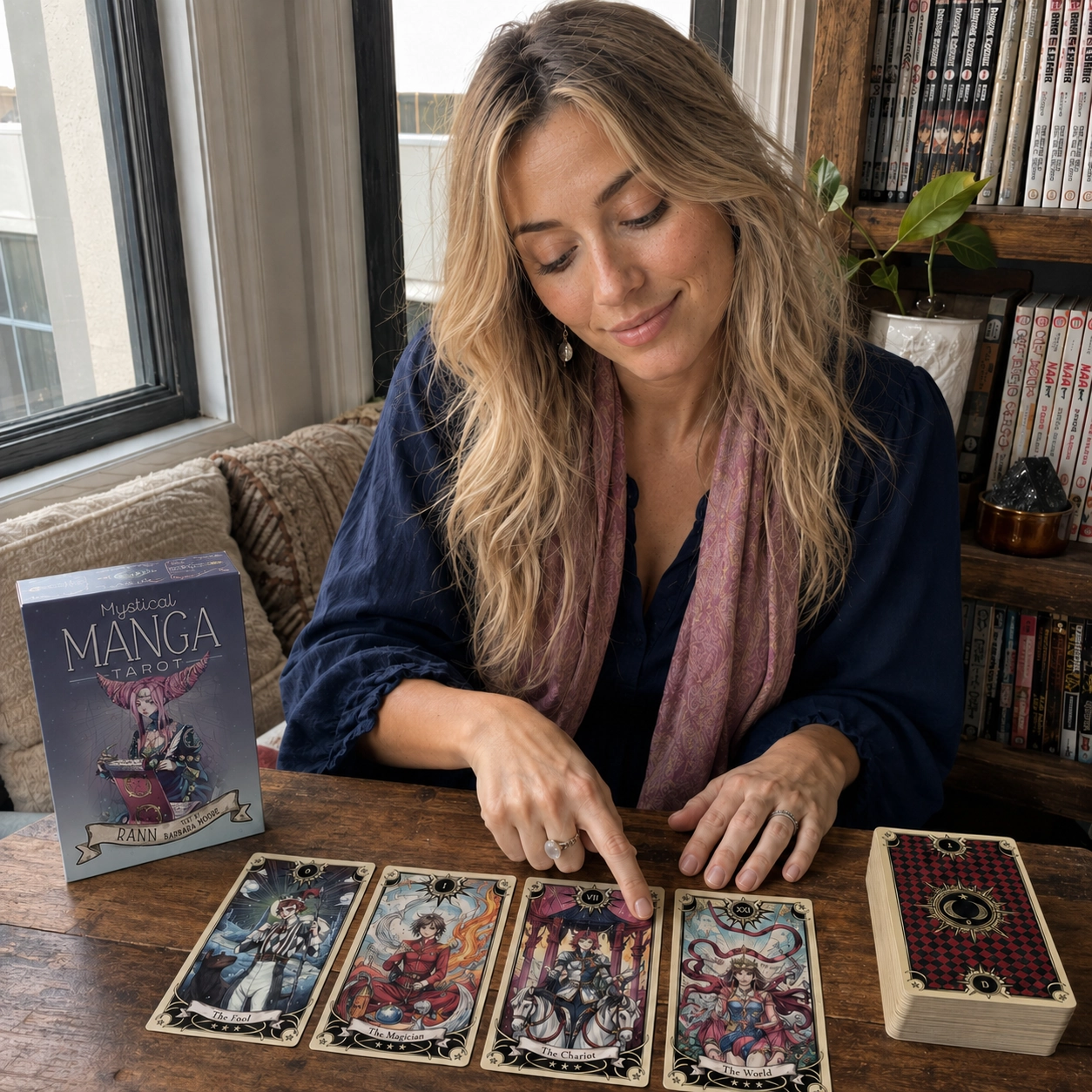 Aurica pointing between The Chariot and The World from Mystical Manga Tarot beside its box, four-card spread, and stacked deck