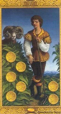 7 of Coins - Mystical Tarot - Tarot Deck by Luigi Costa