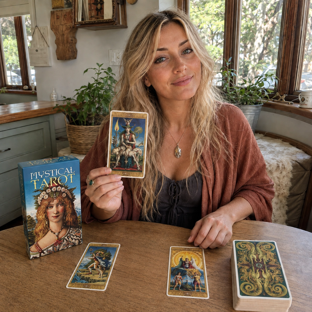 Aurica presenting The Magician from Mystical Tarot beside the deck box, a face-up spread, and the stacked deck