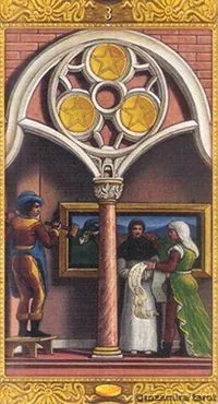3 of Coins card from the Mystical Tarot deck
