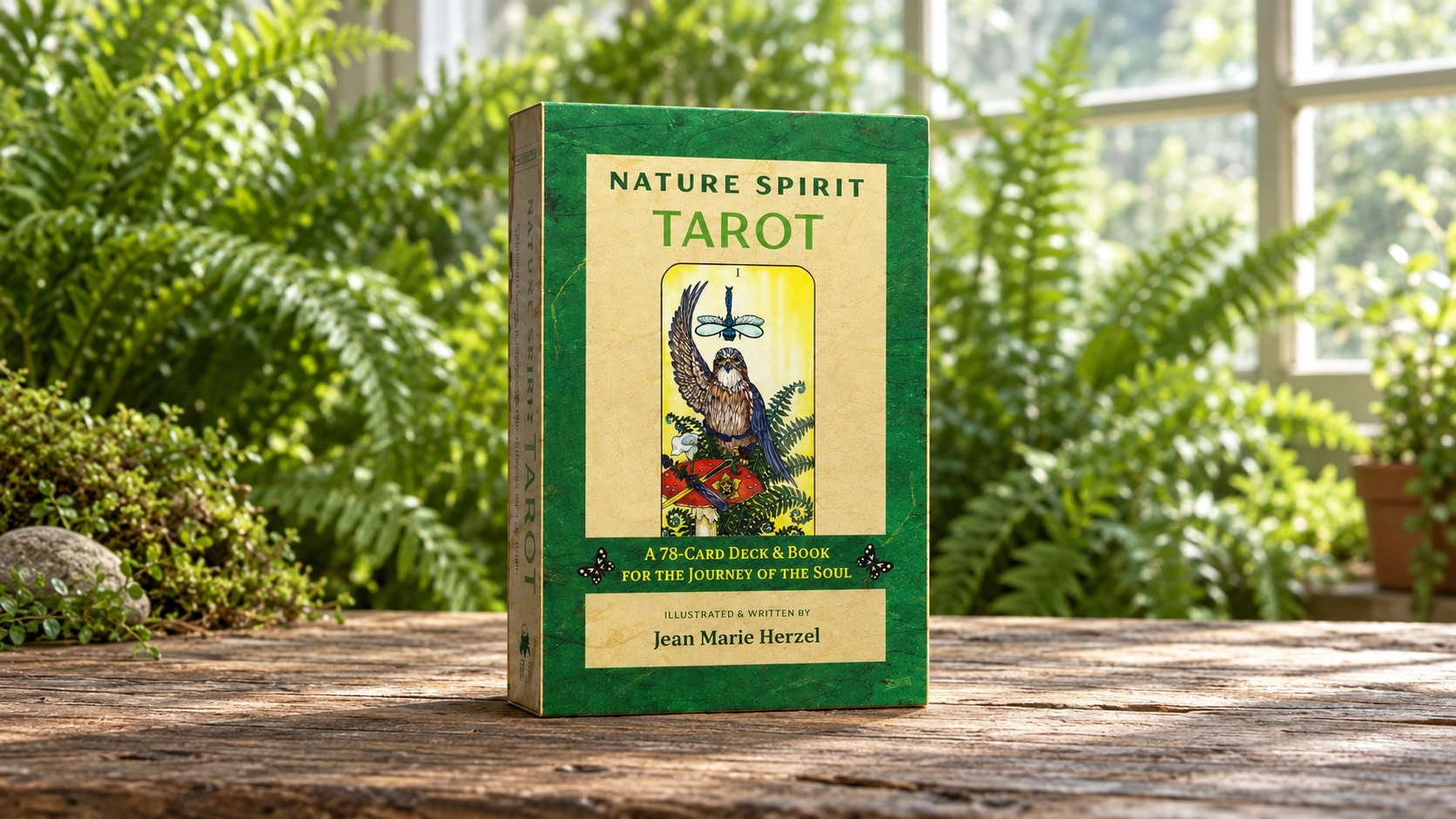 Generated product scene of the Nature Spirit Tarot box by Jean Marie Herzel on a wooden table in a fern-filled conservatory; no loose cards